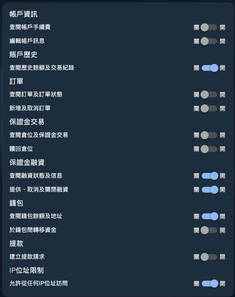Bitfinex API 權限設定參考圖