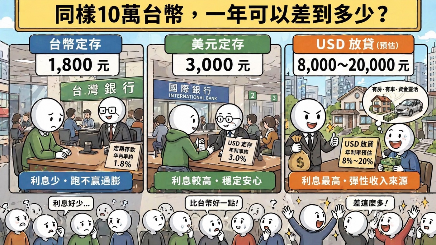 10 萬台幣三種理財方式一年利息試算比較圖