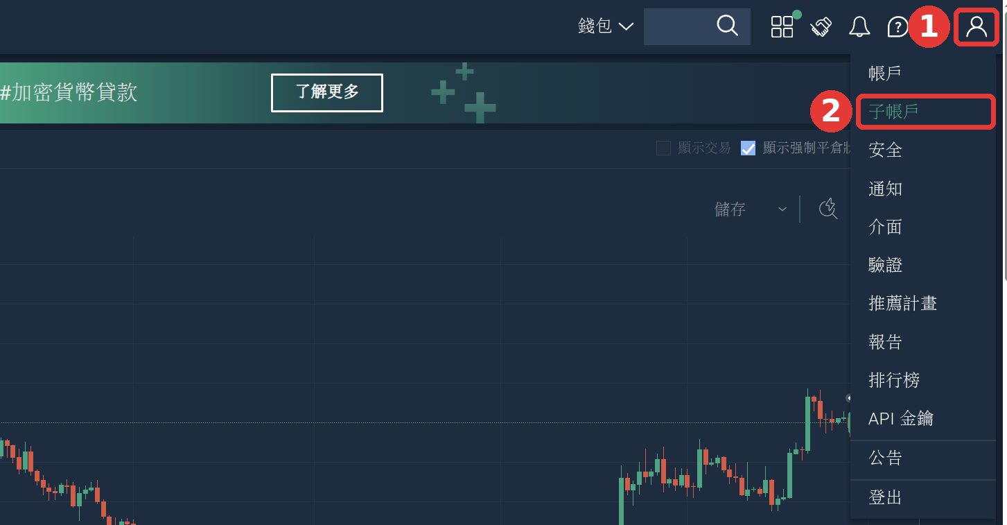 Bitfinex 右上角人像選單展開，選單中的「子帳戶」選項被標示出來