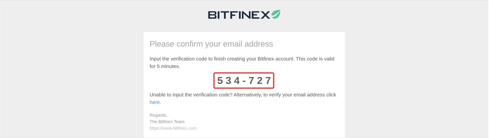 Gmail 收到 Bitfinex 寄來的 verify email 驗證信，信中有 6 位數驗證碼