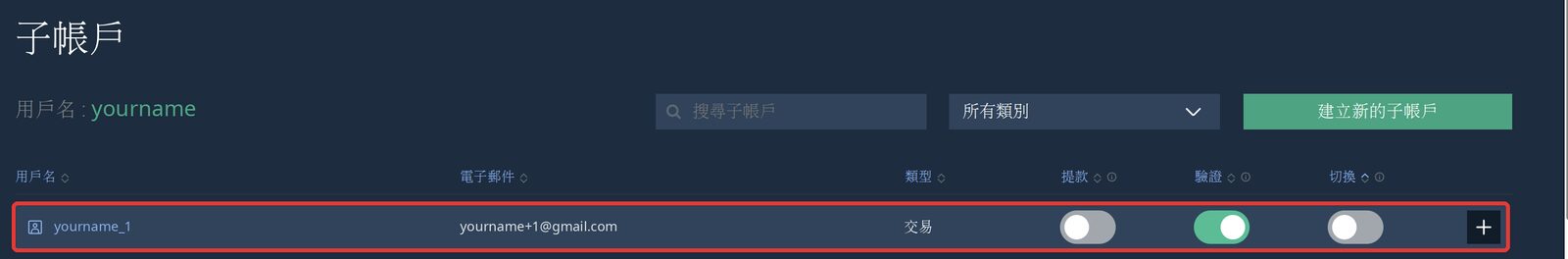 子帳戶列表出現新建立的交易子帳戶，右側有提款、驗證、切換三個開關