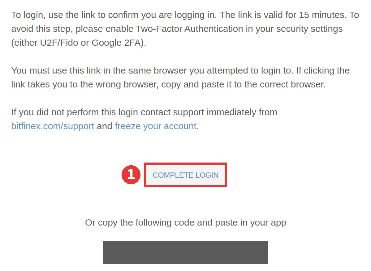 Gmail 收到 Bitfinex 登入確認信,信中有 COMPLETE LOGIN 按鈕