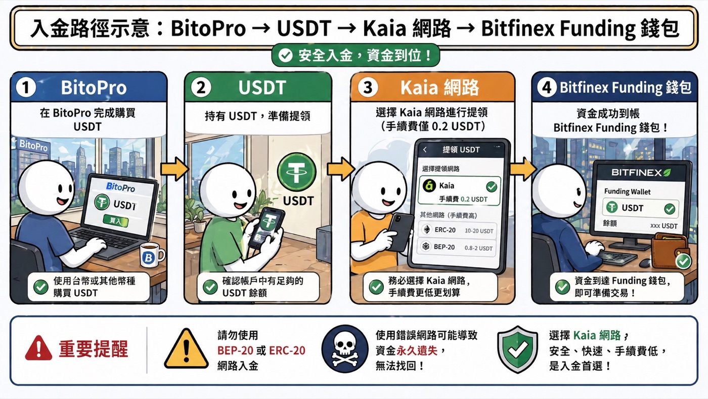 入金路徑示意:BitoPro → USDT → Kaia 網路 → Bitfinex Funding 錢包