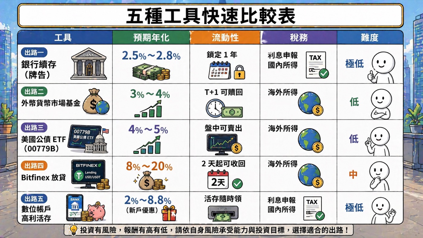 美元定存到期後五種出路報酬完整評比圖