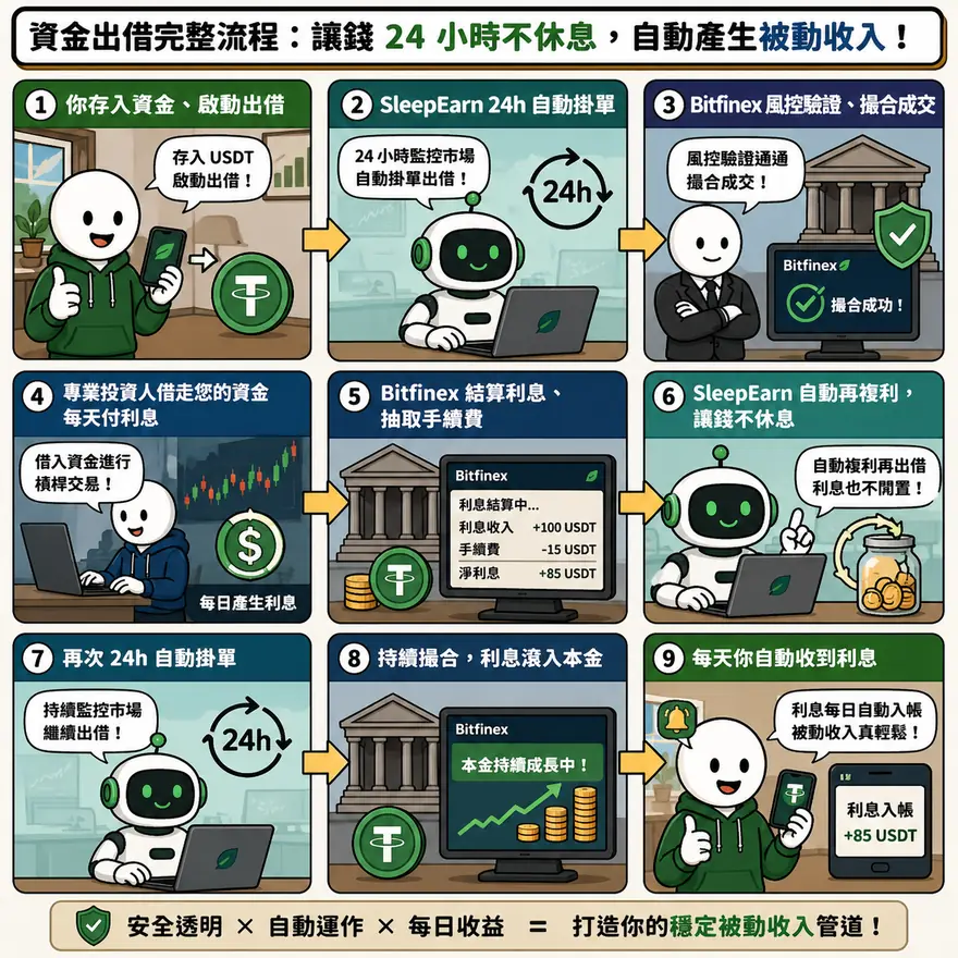 資金出借完整流程：存入資金、機器人自動掛單、撮合成交、每日收息、自動複利